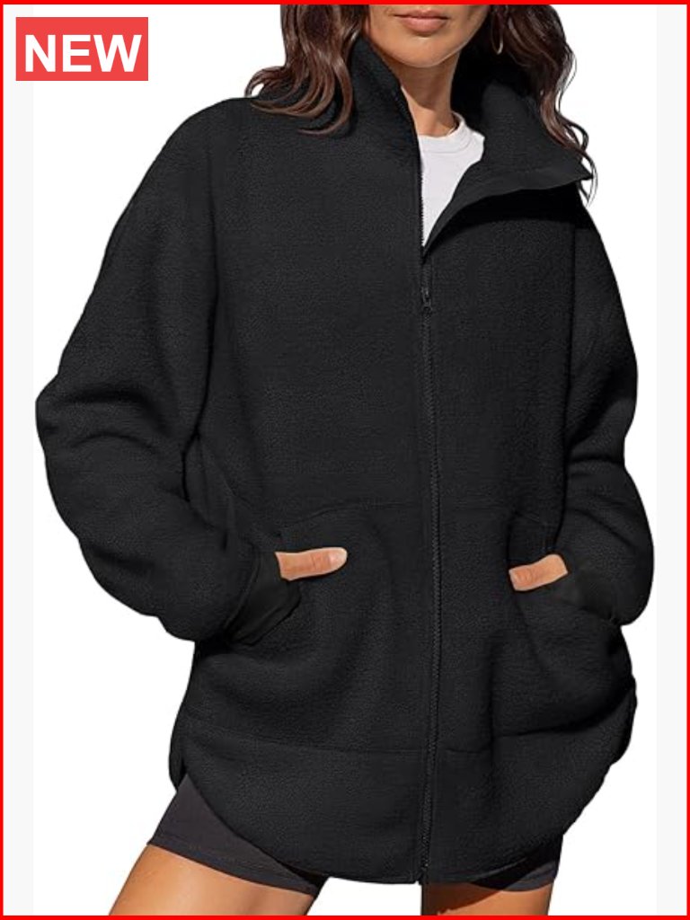Full Zip Fleece Long Jacket Sherpa Oversized Sweatshirt Stand Collar Winter Coat